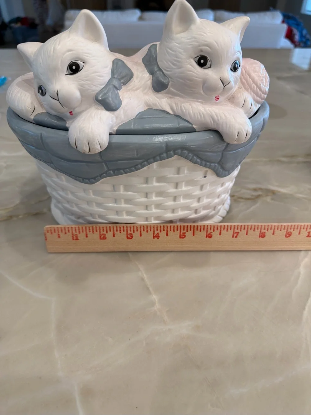 Vintage White Cat Basket Trinket Box with Gray Accents